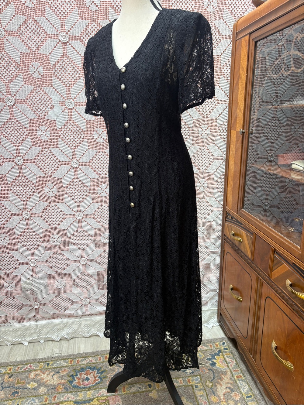 Vintage Maxima U.S.A. Black Lace Dress with Under Slip — Size Large